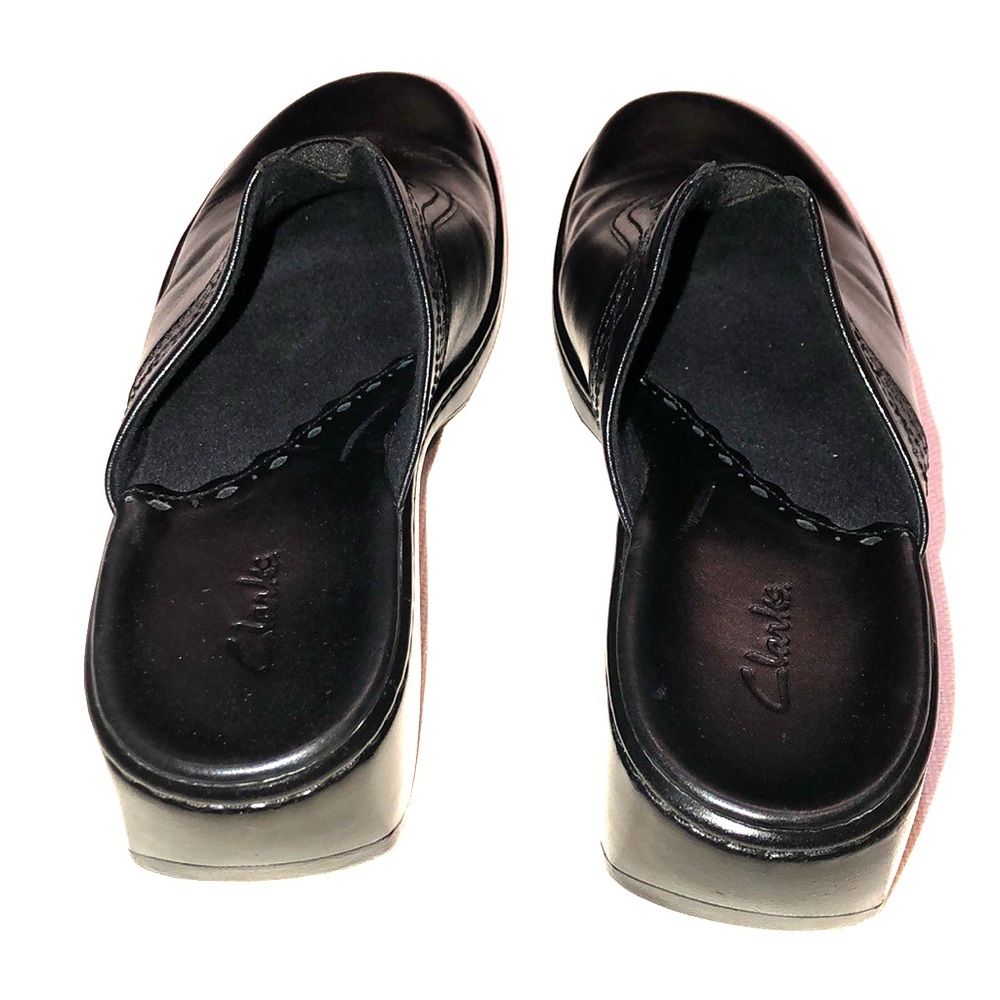Clarks Women's Black Leather Wedge Mules - Picture 3 of 8